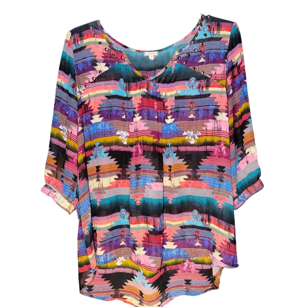 Eyeshadow Womens 2X Tribal Geometric Studded V-Neck Blouse Multi-Color 3/4 Slv